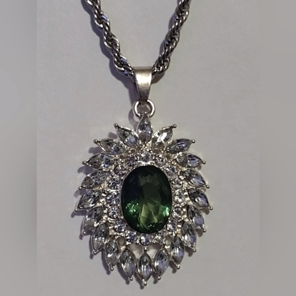 Sterling Silver Plated Green Glass Flower Pendant and 24" Sterling Chain Necklac